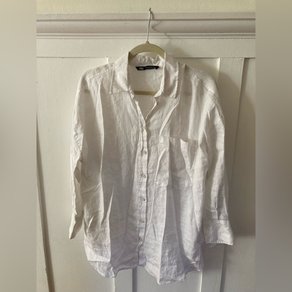 Oversized white linen button down